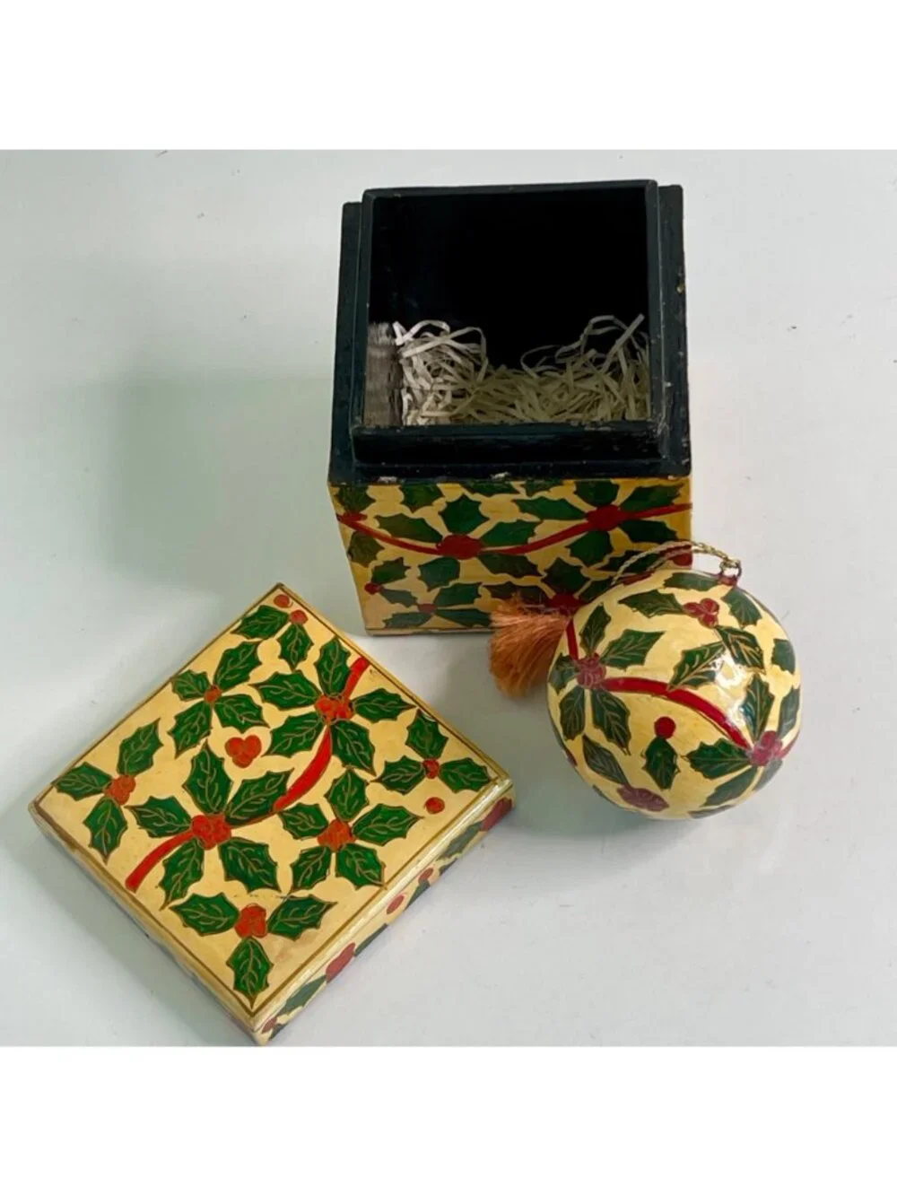 Vintage Hand Painted Wood Christmas Ornament Box Set Holy Berry Best Wishes & Co